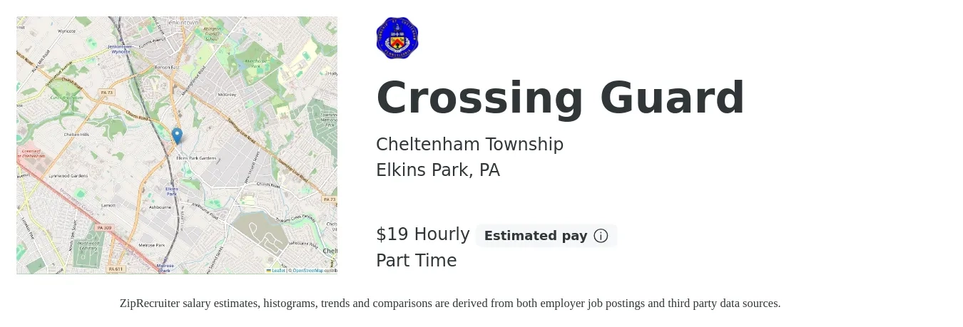 Cheltenham Township job posting for a Crossing Guard in Elkins Park, PA with a salary of $20 Hourly with a map of Elkins Park location.