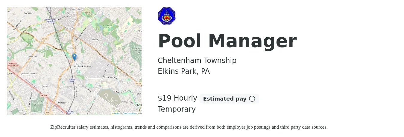 Cheltenham Township job posting for a Pool Manager in Elkins Park, PA with a salary of $20 Hourly with a map of Elkins Park location.
