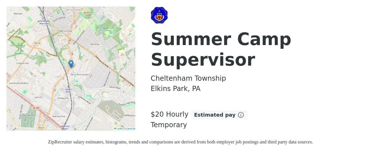 Cheltenham Township job posting for a Summer Camp Supervisor in Elkins Park, PA with a salary of $21 Hourly with a map of Elkins Park location.