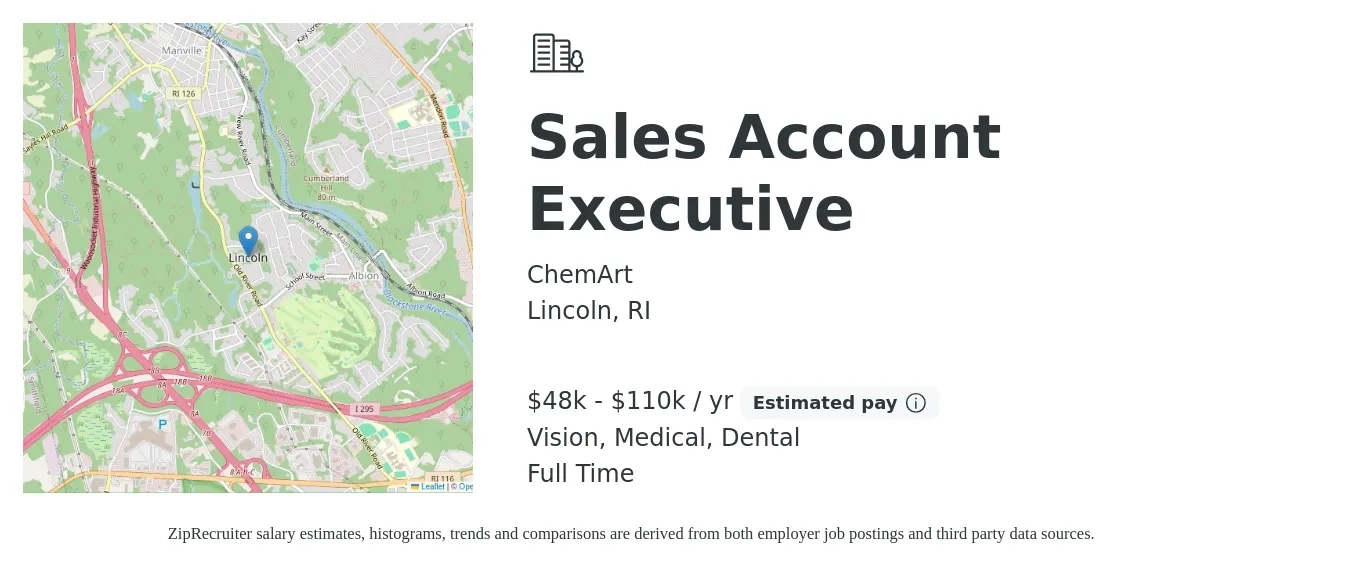 ChemArt job posting for a Sales Account Executive in Lincoln, RI with a salary of $48,000 to $65,000 Yearly (plus commission) and benefits including dental, life_insurance, medical, pto, retirement, and vision with a map of Lincoln location.