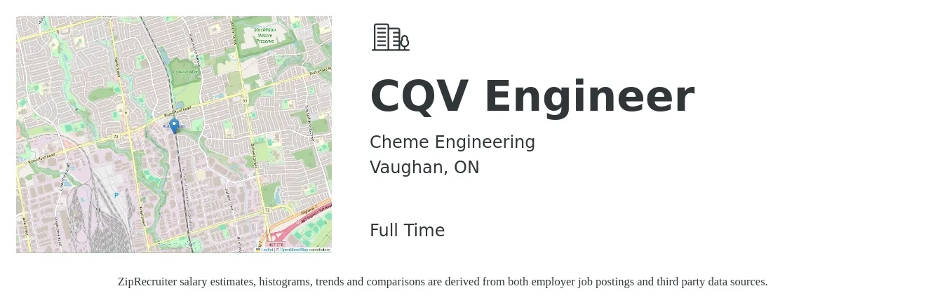 Cheme Engineering job posting for a CQV Engineer in Vaughan, ON with a map of Vaughan location.