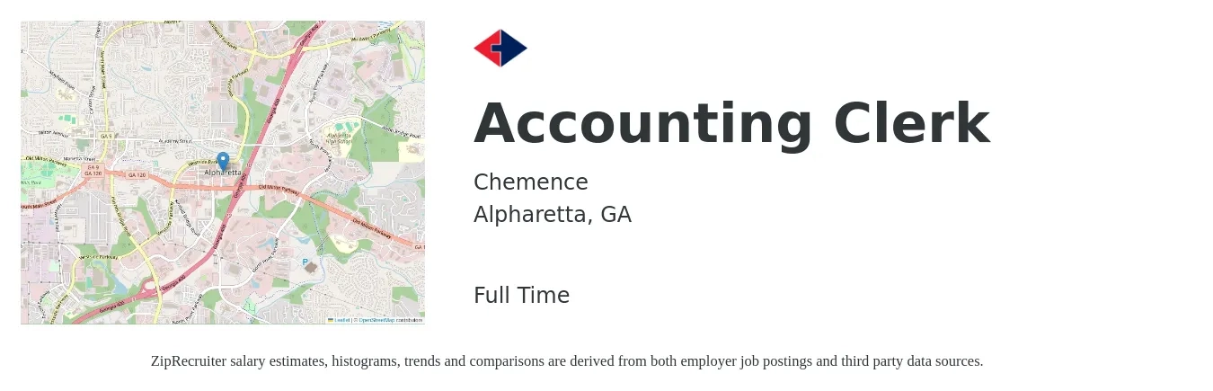 Chemence job posting for a Accounting Clerk in Alpharetta, GA with a salary of $18 to $23 Hourly with a map of Alpharetta location.