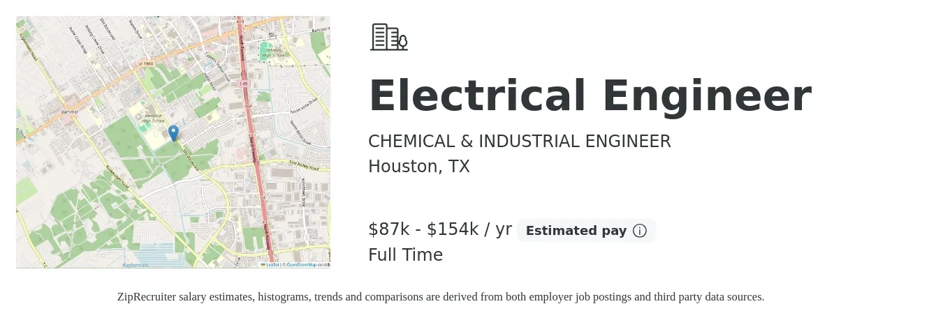 CHEMICAL & INDUSTRIAL ENGINEER job posting for a Electrical Engineer in Houston, TX with a salary of $87,000 to $154,000 Yearly with a map of Houston location.