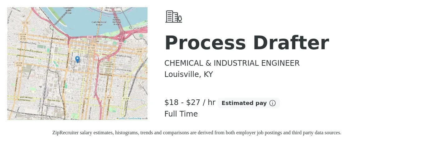 CHEMICAL & INDUSTRIAL ENGINEER job posting for a Process Drafter in Louisville, KY with a salary of $20 to $29 Hourly with a map of Louisville location.