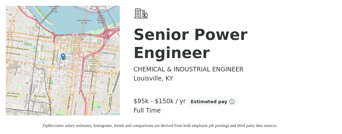 CHEMICAL & INDUSTRIAL ENGINEER job posting for a Senior Power Engineer in Louisville, KY with a salary of $95,000 to $150,000 Yearly with a map of Louisville location.