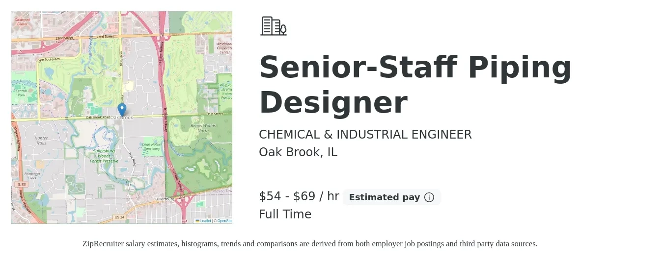 CHEMICAL & INDUSTRIAL ENGINEER job posting for a Senior-Staff Piping Designer in Oak Brook, IL with a salary of $57 to $72 Hourly with a map of Oak Brook location.