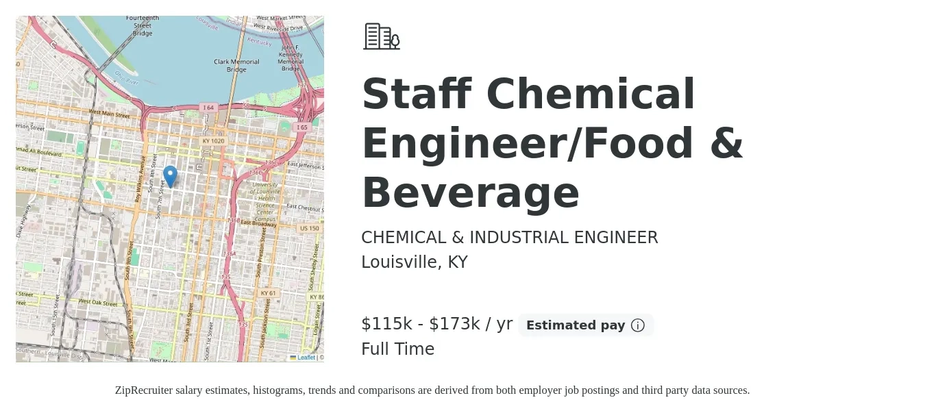 CHEMICAL & INDUSTRIAL ENGINEER job posting for a Staff Chemical Engineer/Food & Beverage in Louisville, KY with a salary of $115,000 to $173,000 Yearly with a map of Louisville location.