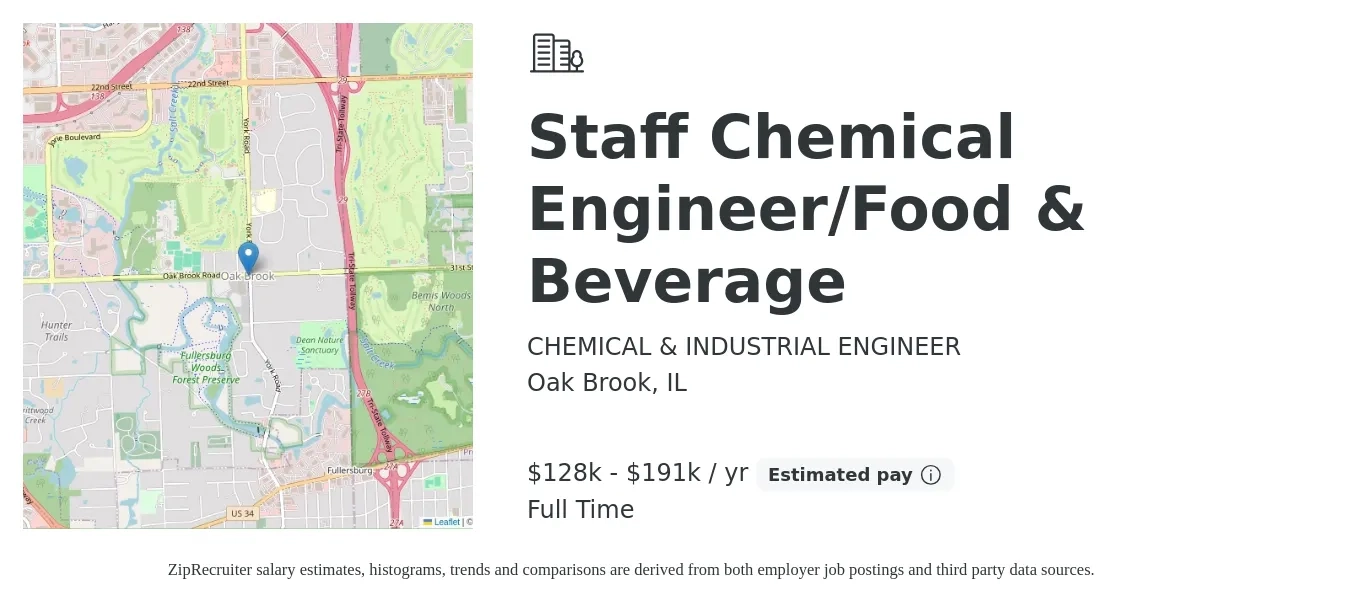 CHEMICAL & INDUSTRIAL ENGINEER job posting for a Staff Chemical Engineer/Food & Beverage in Oak Brook, IL with a salary of $128,000 to $191,000 Yearly with a map of Oak Brook location.