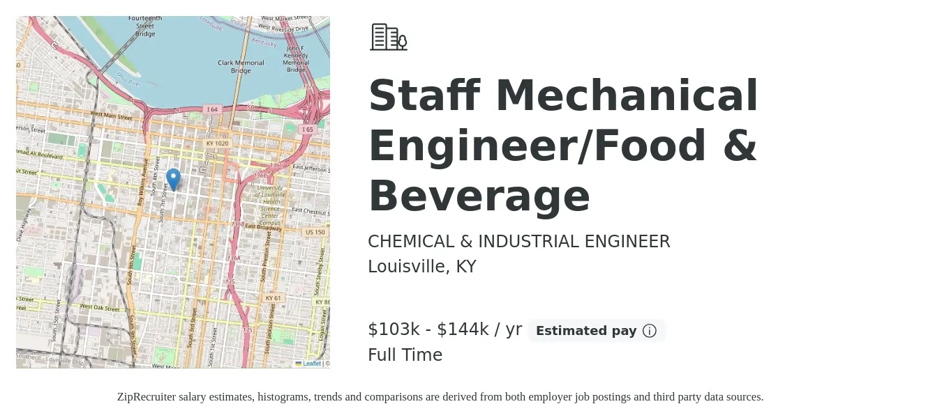 CHEMICAL & INDUSTRIAL ENGINEER job posting for a Staff Mechanical Engineer/Food & Beverage in Louisville, KY with a salary of $103,000 to $144,000 Yearly with a map of Louisville location.