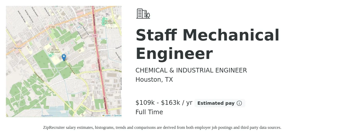 CHEMICAL & INDUSTRIAL ENGINEER job posting for a Staff Mechanical Engineer in Houston, TX with a salary of $109,000 to $163,000 Yearly with a map of Houston location.