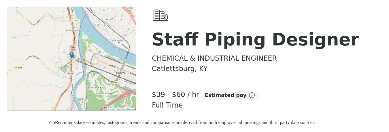 CHEMICAL & INDUSTRIAL ENGINEER job posting for a Staff Piping Designer in Catlettsburg, KY with a salary of $41 to $63 Hourly with a map of Catlettsburg location.