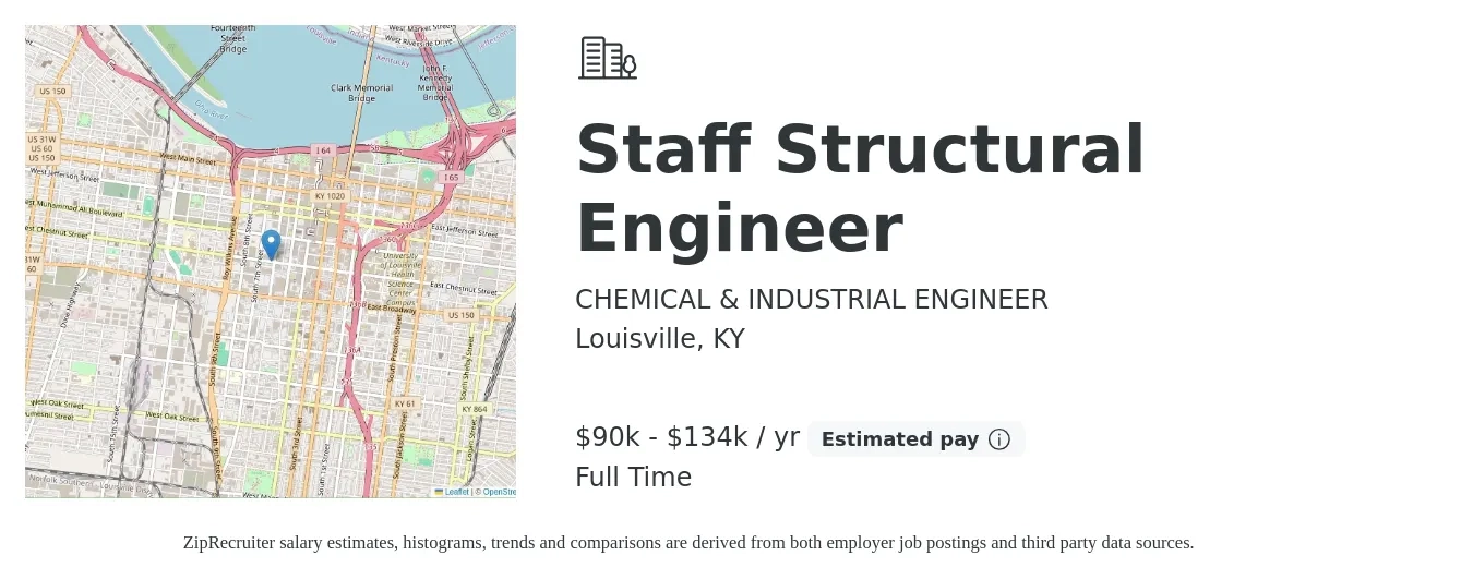 CHEMICAL & INDUSTRIAL ENGINEER job posting for a Staff Structural Engineer in Louisville, KY with a salary of $90,000 to $134,000 Yearly with a map of Louisville location.