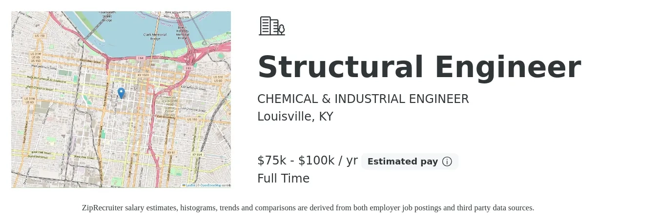 CHEMICAL & INDUSTRIAL ENGINEER job posting for a Structural Engineer in Louisville, KY with a salary of $75,000 to $100,000 Yearly with a map of Louisville location.