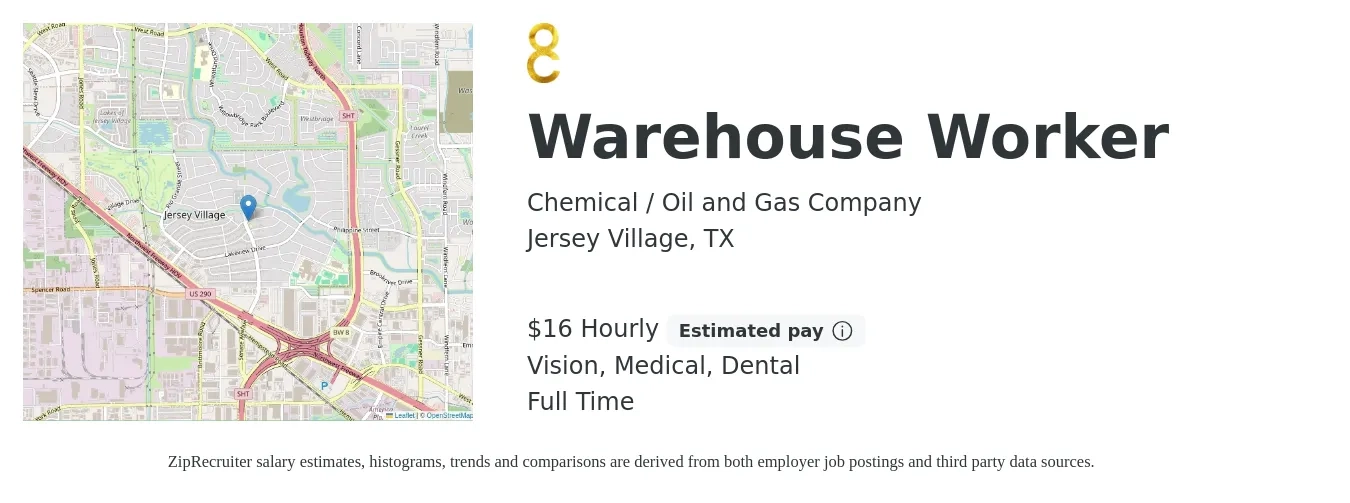 Chemical / Oil and Gas Company job posting for a Warehouse Worker in Jersey Village, TX with a salary of $17 Hourly and benefits including vision, dental, and medical with a map of Jersey Village location.
