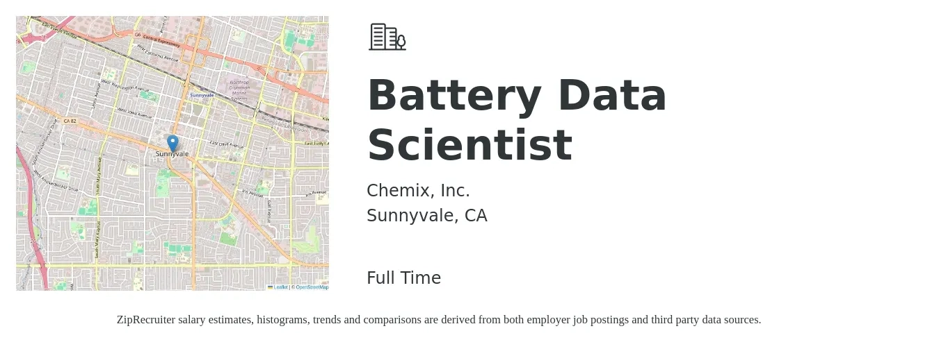 Chemix, Inc. job posting for a Battery Data Scientist in Sunnyvale, CA with a salary of $155,800 to $198,400 Yearly with a map of Sunnyvale location.