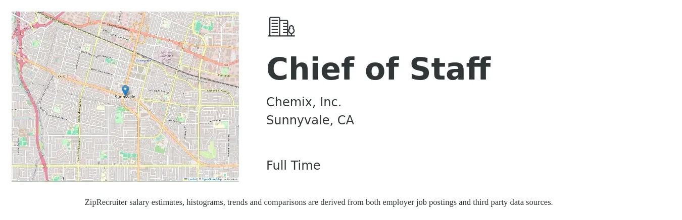 Chemix, Inc. job posting for a Chief of Staff in Sunnyvale, CA with a salary of $109,100 to $171,400 Yearly with a map of Sunnyvale location.
