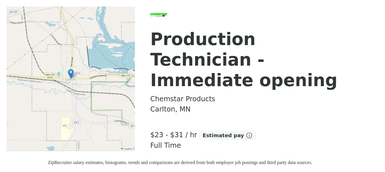 Chemstar Products job posting for a Production Technician -Immediate opening in Carlton, MN with a salary of $24 to $33 Hourly with a map of Carlton location.
