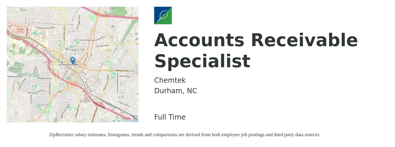 Chemtek job posting for a Accounts Receivable Specialist in Durham, NC with a salary of $20 to $26 Hourly with a map of Durham location.