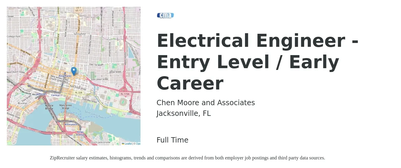 Chen Moore and Associates job posting for a Electrical Engineer - Entry Level / Early Career in Jacksonville, FL with a salary of $60,200 to $95,900 Yearly with a map of Jacksonville location.
