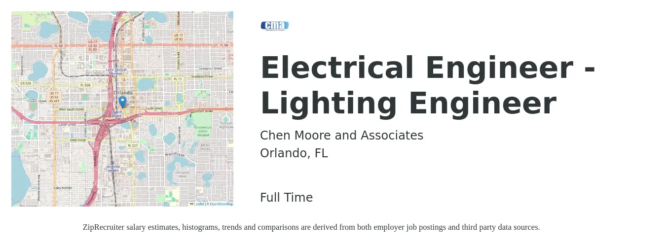Chen Moore and Associates job posting for a Electrical Engineer - Lighting Engineer in Orlando, FL with a salary of $77,500 to $123,200 Yearly with a map of Orlando location.