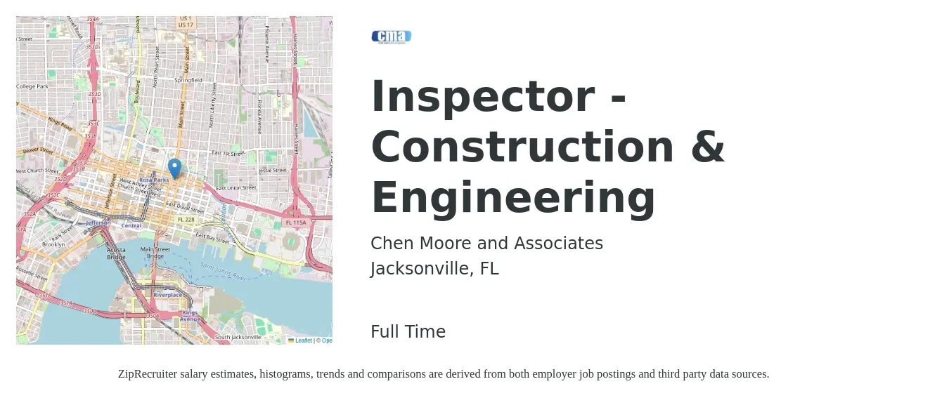 Chen Moore and Associates job posting for a Inspector - Construction & Engineering in Jacksonville, FL with a salary of $45,900 to $72,300 Yearly with a map of Jacksonville location.