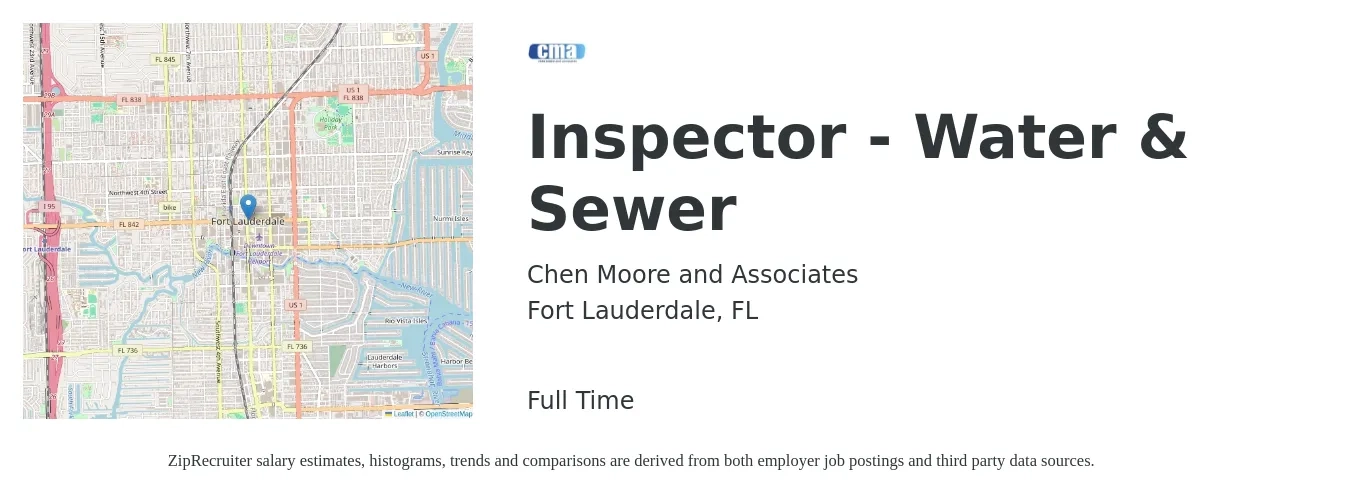 Chen Moore and Associates job posting for a Inspector - Water & Sewer in Fort Lauderdale, FL with a salary of $17 to $24 Hourly with a map of Fort Lauderdale location.