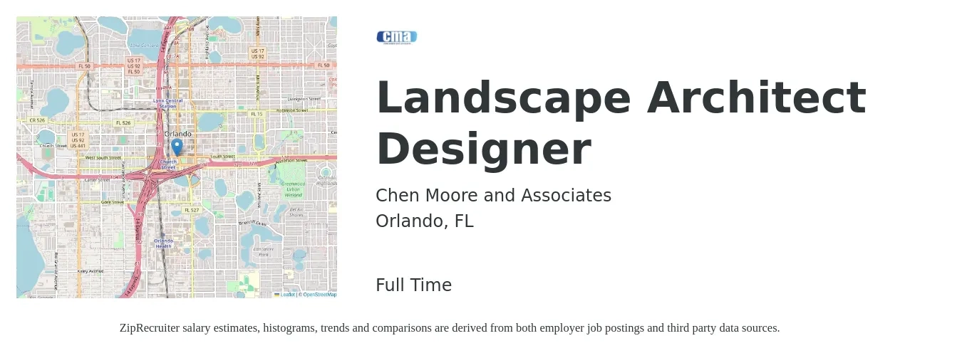Chen Moore and Associates job posting for a Landscape Architect Designer in Orlando, FL with a salary of $64,400 to $88,700 Yearly with a map of Orlando location.