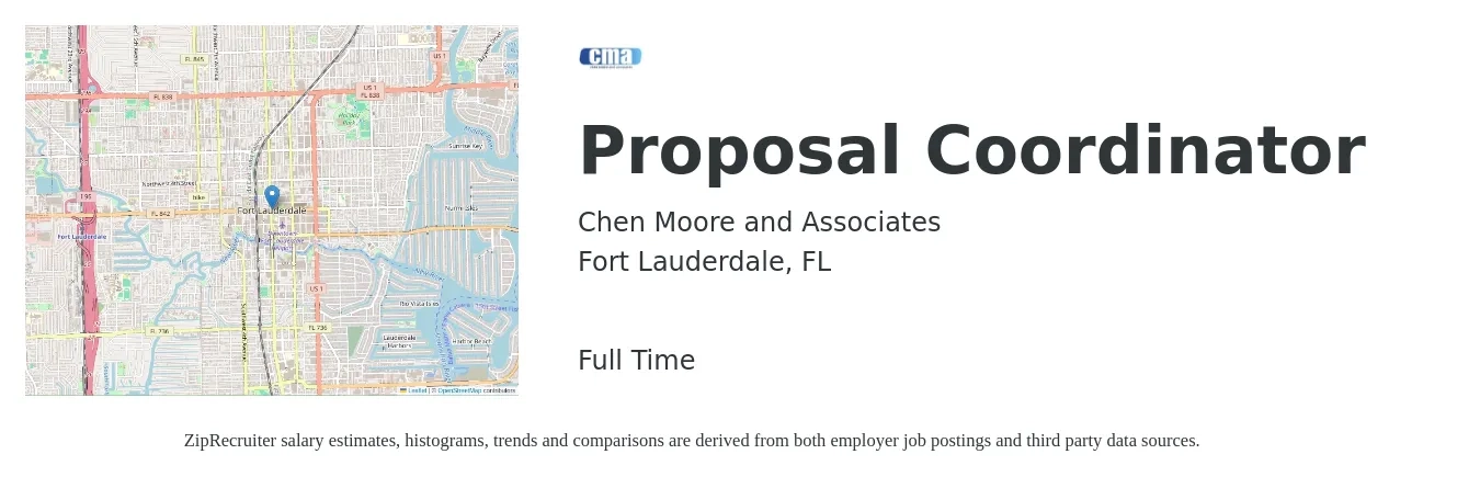 Chen Moore and Associates job posting for a Proposal Coordinator in Fort Lauderdale, FL with a salary of $52,600 to $69,800 Yearly with a map of Fort Lauderdale location.