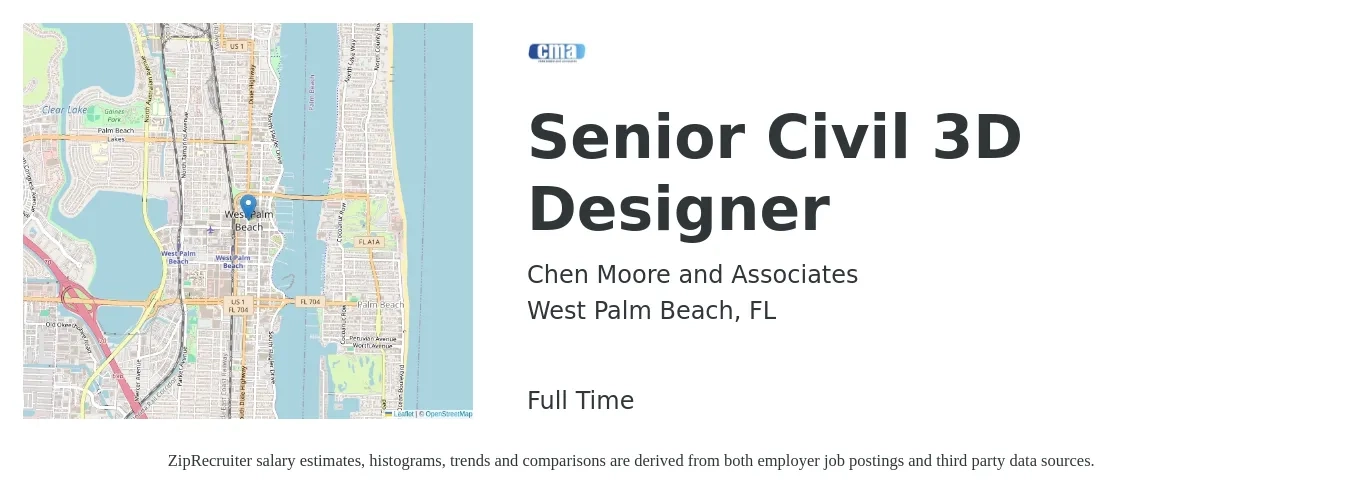 Chen Moore and Associates job posting for a Senior Civil 3D Designer in West Palm Beach, FL with a salary of $65,300 to $90,900 Yearly with a map of West Palm Beach location.