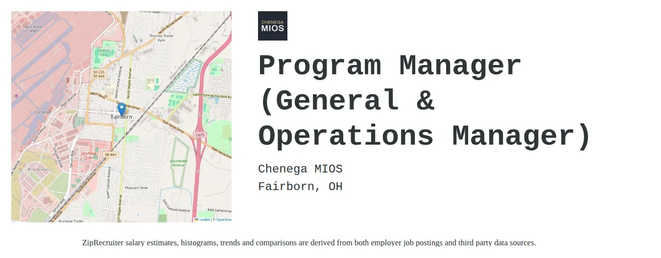 Chenega MIOS job posting for a Program Manager (General & Operations Manager) in Wright-patterson Air Force Base, OH with a salary of $80,800 to $125,200 Annually with a map of Wright-patterson Air Force Base location.