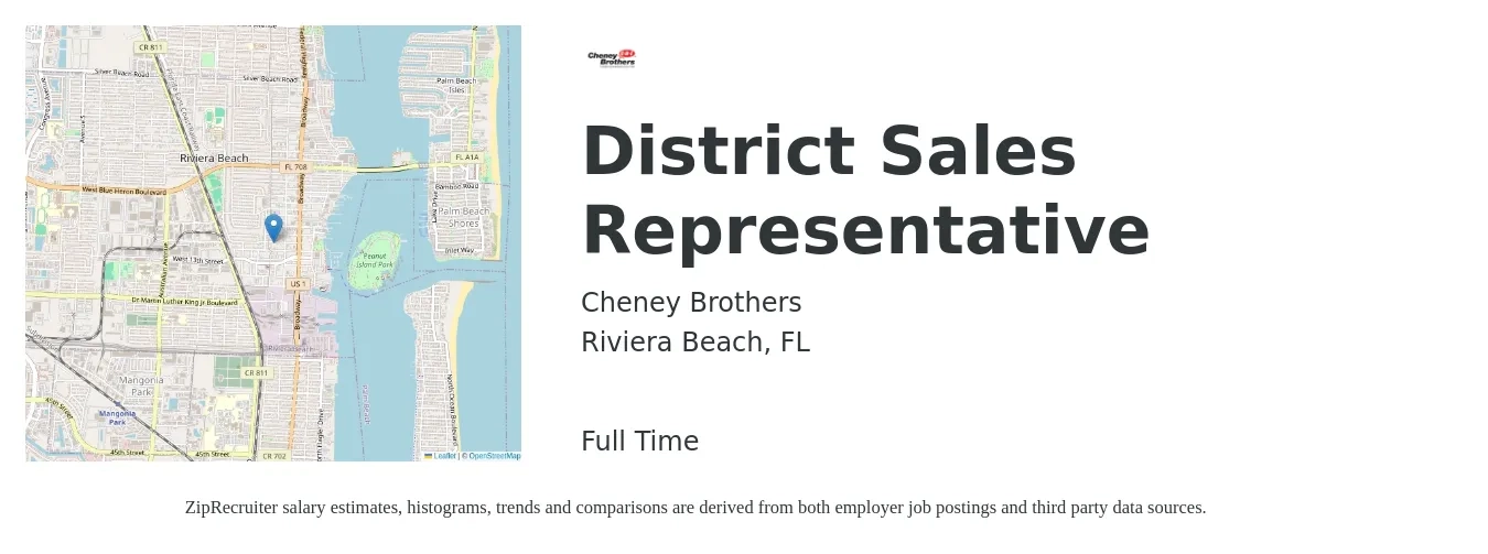 Cheney Brothers job posting for a District Sales Representative in Riviera Beach, FL with a salary of $62,600 to $73,300 Yearly with a map of Riviera Beach location.