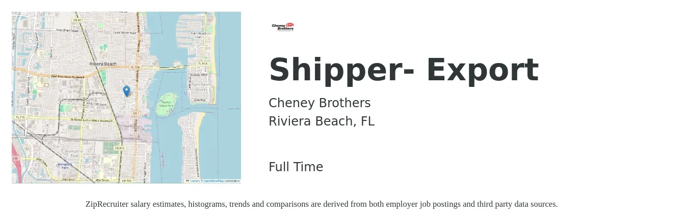 Cheney Brothers job posting for a Shipper- Export in Riviera Beach, FL with a salary of $16 to $20 Hourly with a map of Riviera Beach location.