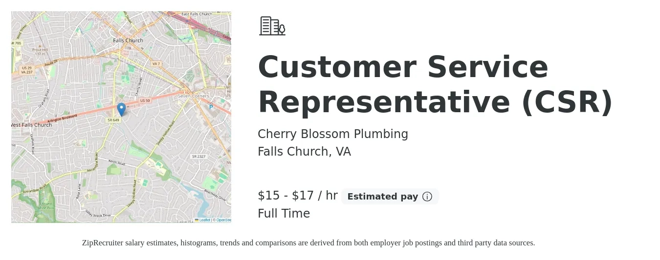 Cherry Blossom Plumbing job posting for a Customer Service Representative (CSR) in Falls Church, VA with a salary of $16 to $18 Hourly with a map of Falls Church location.