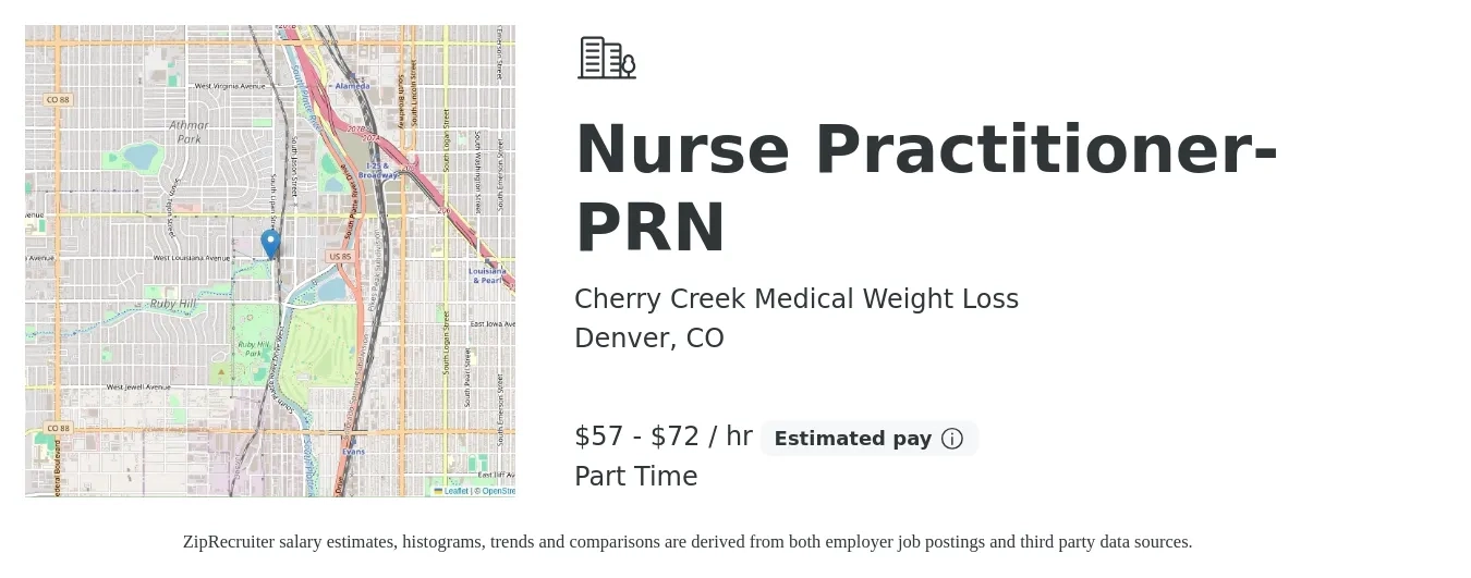 Cherry Creek Medical Weight Loss job posting for a Nurse Practitioner-PRN in Denver, CO with a salary of $60 to $75 Hourly (plus commission) with a map of Denver location.