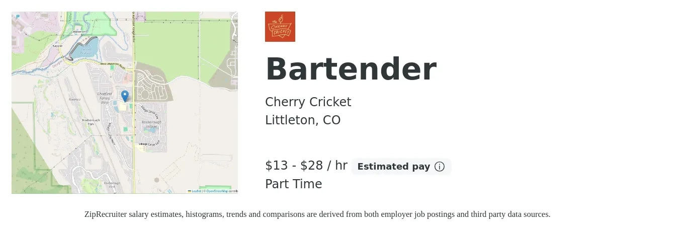 Cherry Cricket job posting for a Bartender in Littleton, CO with a salary of $14 to $30 Hourly with a map of Littleton location.