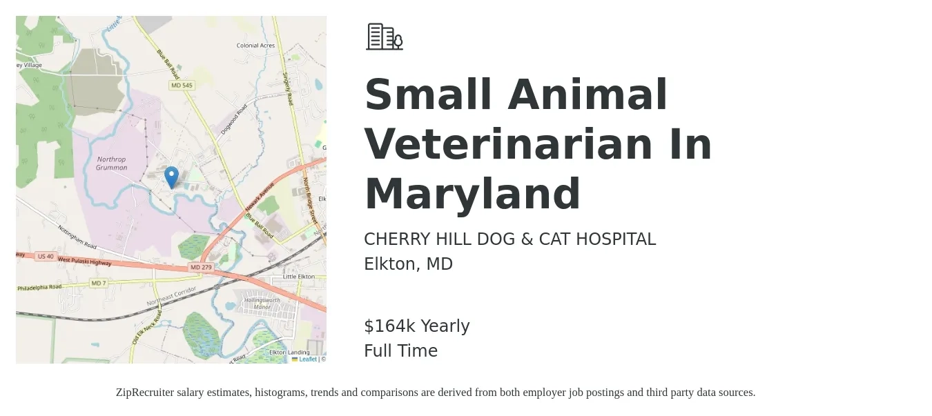 CHERRY HILL DOG & CAT HOSPITAL job posting for a Small Animal Veterinarian In Maryland in Elkton, MD with a salary of $164,000 Yearly with a map of Elkton location.