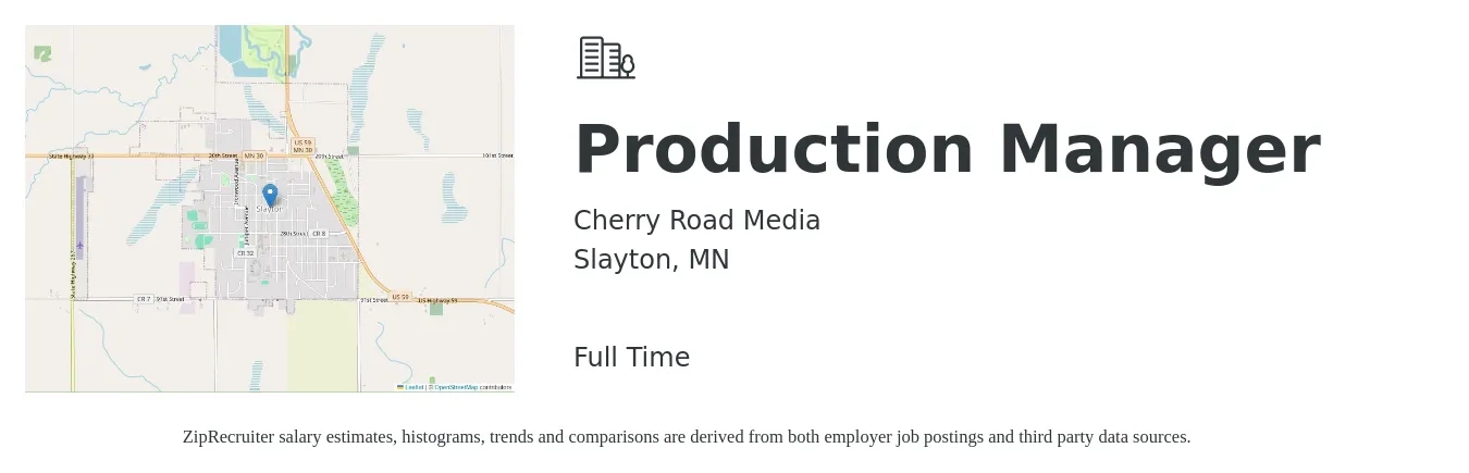 Cherry Road Media job posting for a Production Manager in Slayton, MN with a salary of $50,300 to $72,300 Yearly with a map of Slayton location.