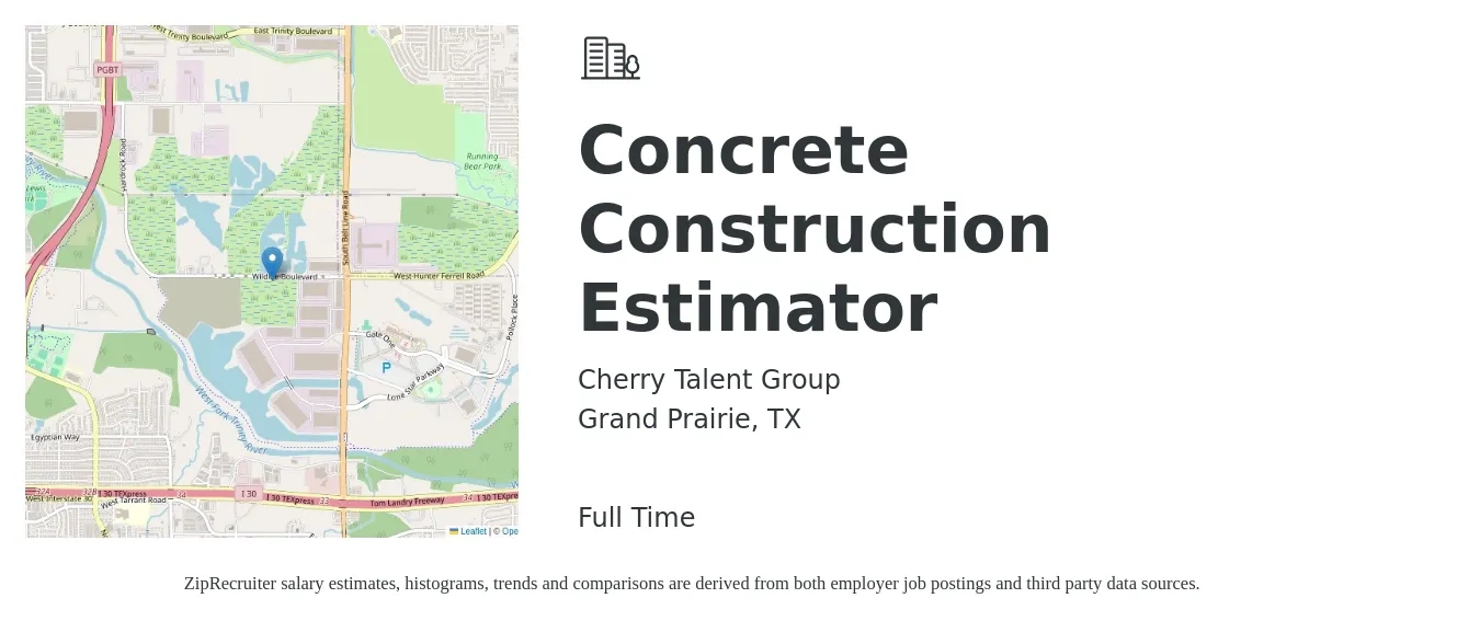 Cherry Talent Group job posting for a Concrete Construction Estimator in Grand Prairie, TX with a salary of $58,700 to $93,700 Yearly with a map of Grand Prairie location.