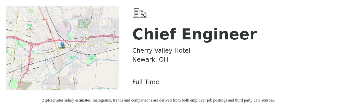 Cherry Valley Hotel job posting for a Chief Engineer in Newark, OH with a salary of $65,000 to $70,000 Yearly with a map of Newark location.