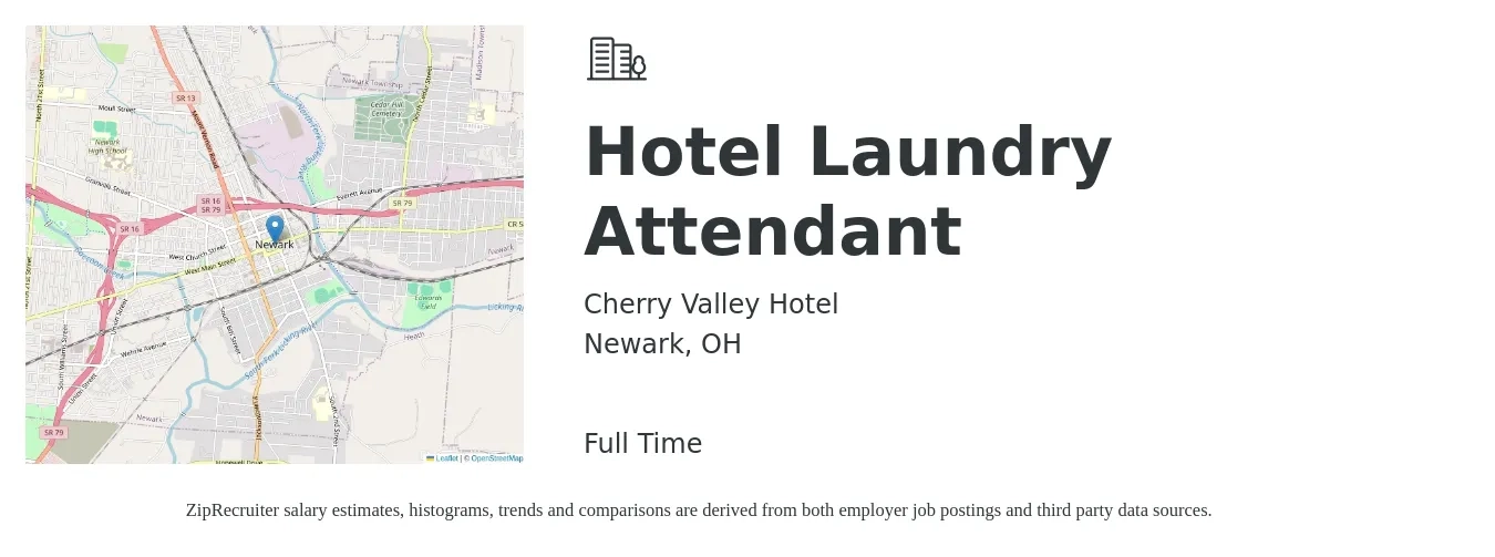 Cherry Valley Hotel job posting for a Hotel Laundry Attendant in Newark, OH with a salary of $15 Hourly with a map of Newark location.