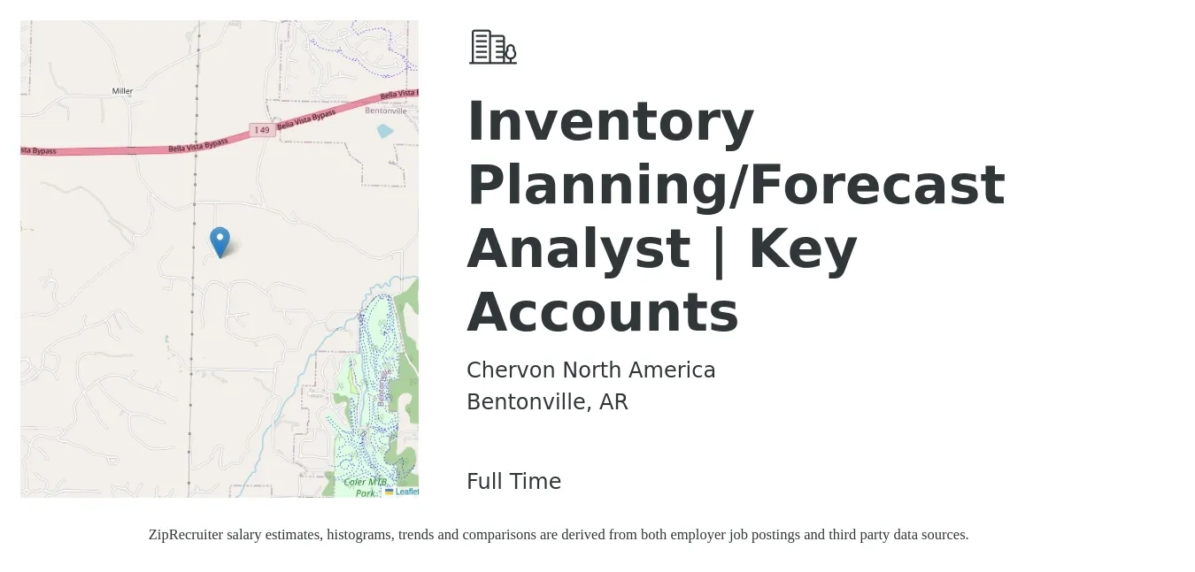 Chervon North America job posting for a Inventory Planning/Forecast Analyst | Key Accounts in Bentonville, AR with a salary of $20 to $29 Hourly with a map of Bentonville location.