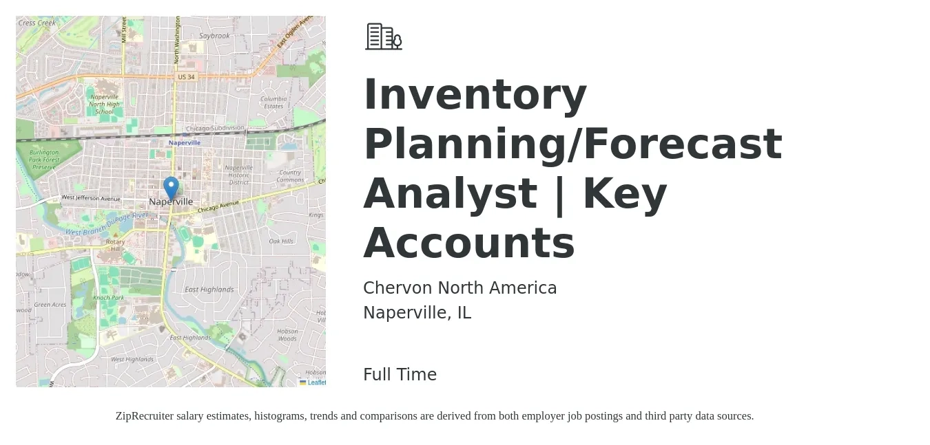 Chervon North America job posting for a Inventory Planning/Forecast Analyst | Key Accounts in Naperville, IL with a salary of $23 to $34 Hourly with a map of Naperville location.