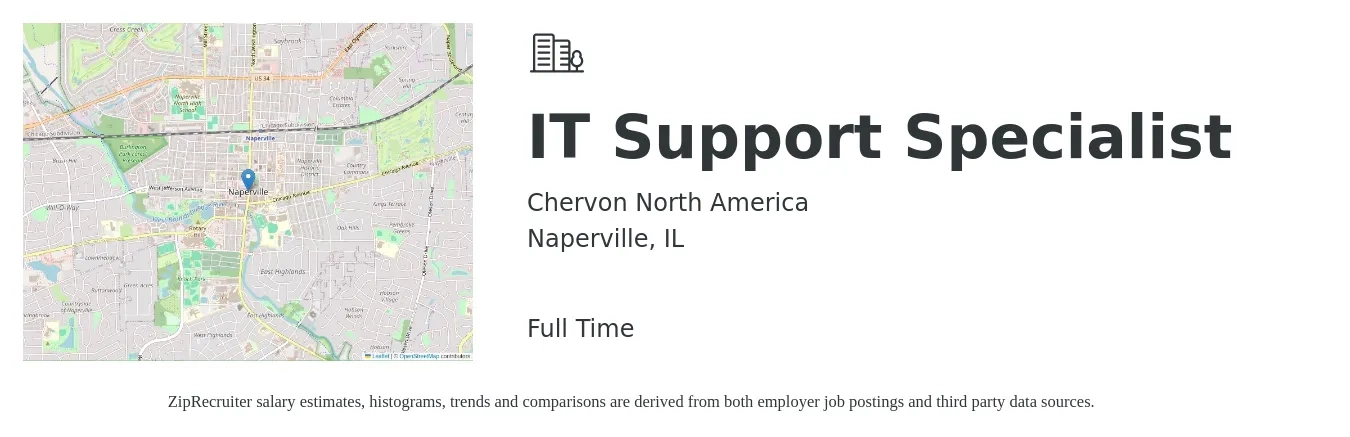 Chervon North America job posting for a IT Support Specialist in Naperville, IL with a salary of $46,500 to $93,900 Yearly with a map of Naperville location.