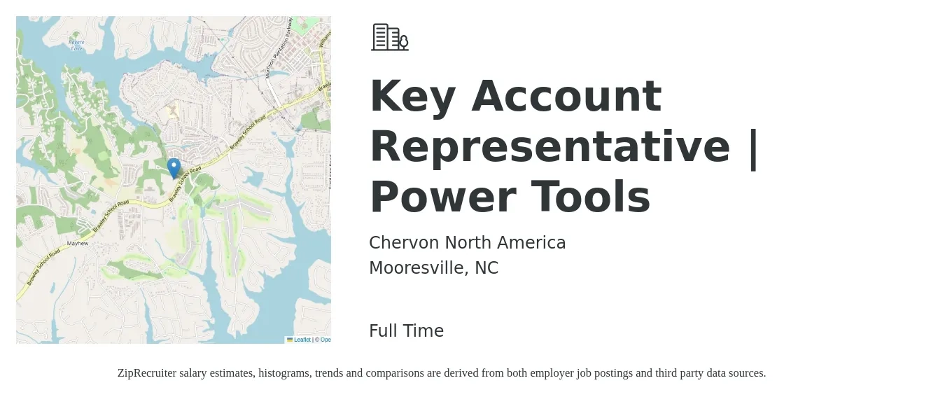 Chervon North America job posting for a Key Account Representative | Power Tools in Mooresville, NC with a salary of $42,900 to $52,600 Yearly with a map of Mooresville location.