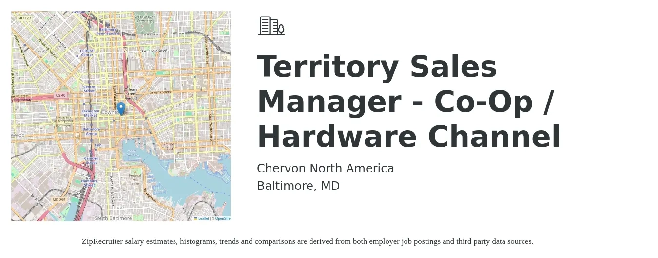 Chervon North America job posting for a Territory Sales Manager - Co-Op / Hardware Channel in Baltimore, MD with a salary of $64,100 to $98,400 Yearly with a map of Baltimore location.