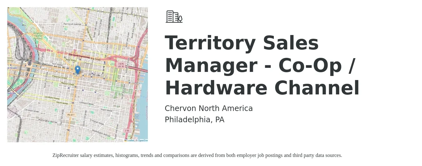 Chervon North America job posting for a Territory Sales Manager - Co-Op / Hardware Channel in Philadelphia, PA with a salary of $65,100 to $99,900 Yearly with a map of Philadelphia location.