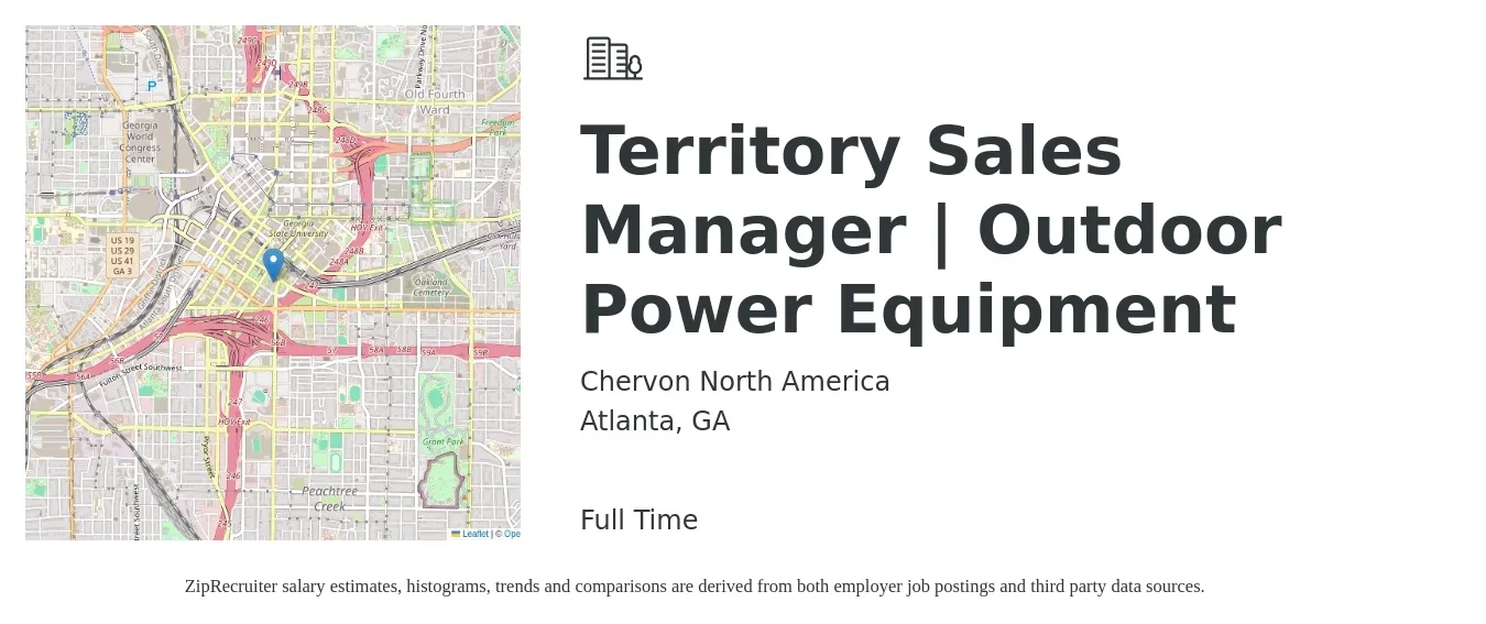 Chervon North America job posting for a Territory Sales Manager | Outdoor Power Equipment in Atlanta, GA with a salary of $62,000 to $95,200 Yearly with a map of Atlanta location.