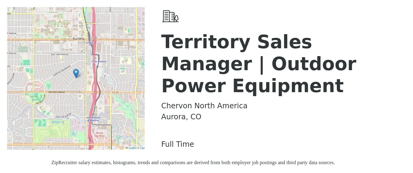 Chervon North America job posting for a Territory Sales Manager | Outdoor Power Equipment in Aurora, CO with a salary of $65,700 to $100,900 Yearly with a map of Aurora location.