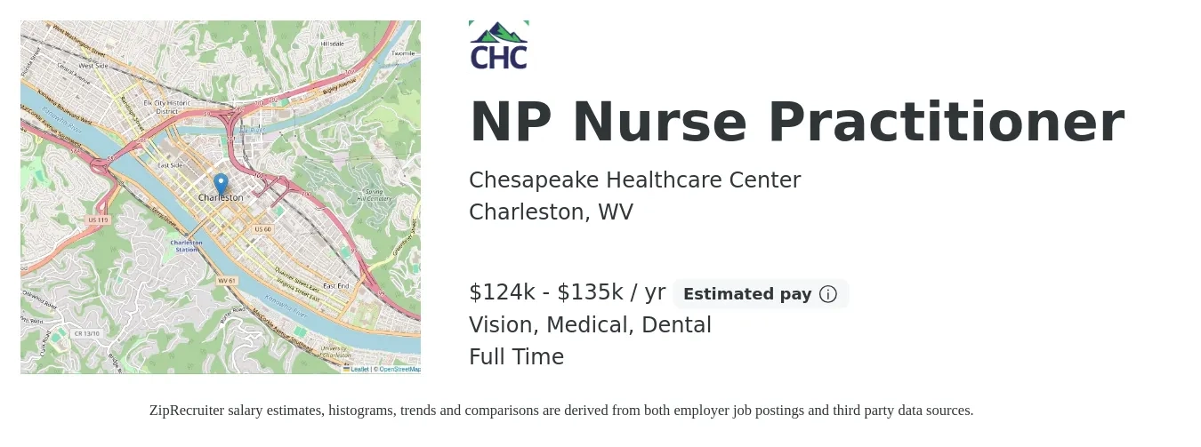 Chesapeake Healthcare Center job posting for a NP Nurse Practitioner in Charleston, WV with a salary of $124,800 to $135,200 Yearly and benefits including dental, life_insurance, medical, pto, retirement, and vision with a map of Charleston location.