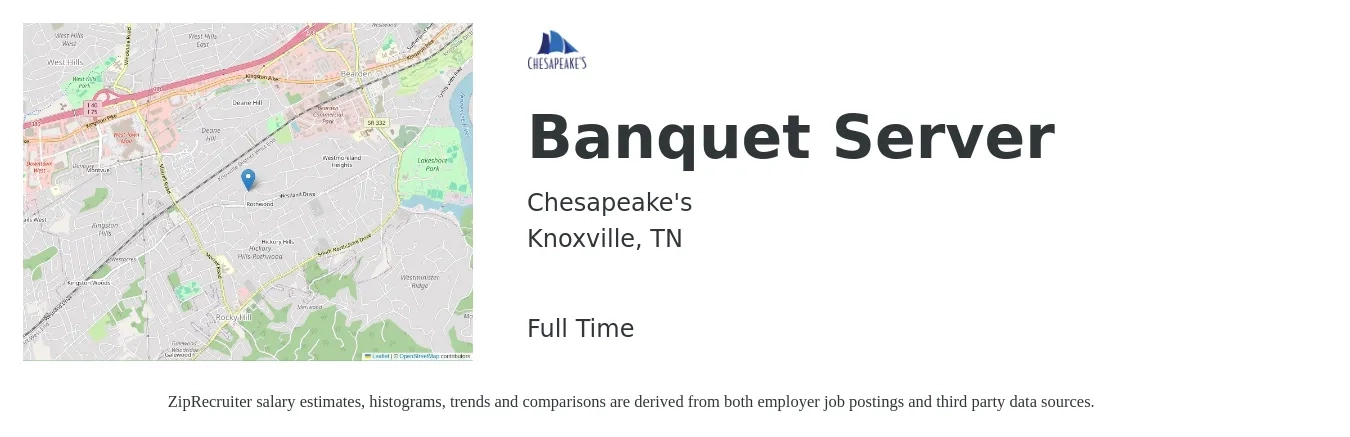 Chesapeake's job posting for a Banquet Server in Knoxville, TN with a salary of $14 to $17 Hourly with a map of Knoxville location.